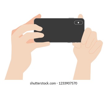 Hand hold new powerful Smart Phone new design advance technology with high resolution display, finger hand catch, business device concept, isolated on white background flat vector.