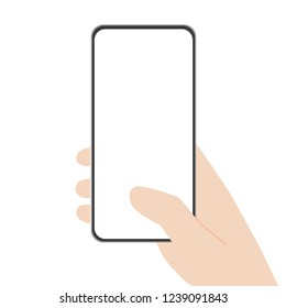 Hand hold new powerful Smart Phone new design advance technology with high resolution display, finger hand catch, business device concept, isolated on white background flat vector.