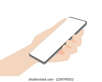 Hand hold new powerful Smart Phone new design advance technology with high resolution display, finger hand catch, business device concept, isolated on white background flat vector.