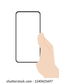 Hand hold new powerful Smart Phone new design advance technology with high resolution display, finger hand catch, business device concept, isolated on white background flat vector.