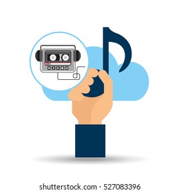 hand hold note music cloud and audio cassette headphones vector illustration eps 10