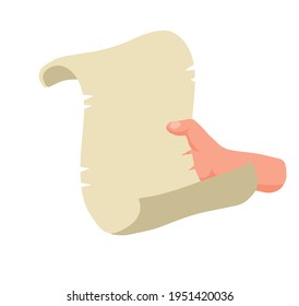 Hand hold old document. Ancient paper sheet. A blank page for template. Flat cartoon illustration isolated on white