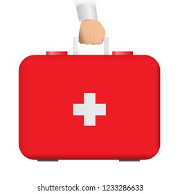 Hand hold on medical bag vector illustration.