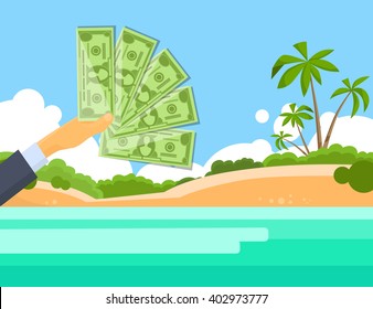 Hand Hold One Hundred 100 Dollars Banknote Tropical Island Palm Tree Offshore Banking Concept Flat Vector Illustration