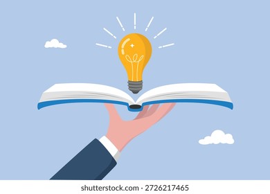 Hand hold open book to discover lightbulb idea, wisdom concept, reading book for inspiration, knowledge or education, study or learning new skill, creativity or idea, discover solution or literature.