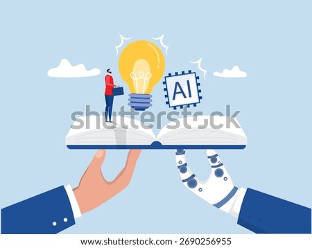 Hand hold open book to discover Study ai or learning new skill, innovation creativity or idea, reading book for inspiration,discover solution or literature,wisdom Knowledge or education concept vector