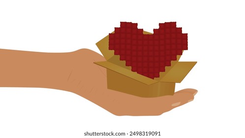 Hand hold open box with heart. vector