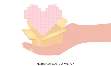 Hand hold open box with heart. vector