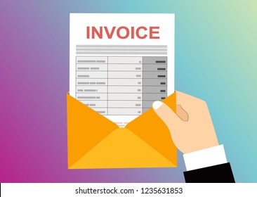 Hand hold an open envelope with invoice letter, Flat design.