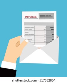 Hand hold an open envelope with invoice letter, Flat design.