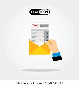 Hand hold an open envelope with tax form, Flat design.