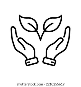 Hand Hold Organic Leaf Line Icon. Germinating Eco-Agriculture Outline Symbol. Cultivation Greenery Ecology Plant Linear Pictogram. Editable Stroke. Isolated Vector Illustration.