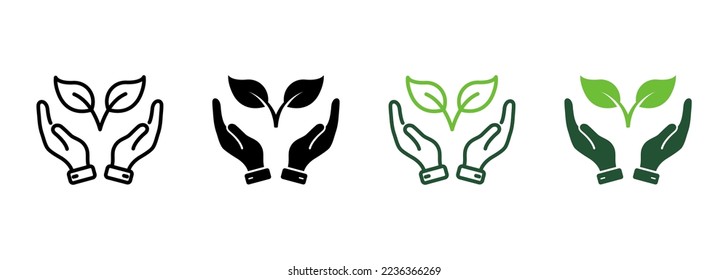 Línea de hoja orgánica de retención manual y conjunto de iconos de silueta. Pictograma de ecoragricultura germinante. Colección de símbolos de la planta de ecología de la vegetación de cultivo sobre fondo blanco. Ilustración de vectores aislados.