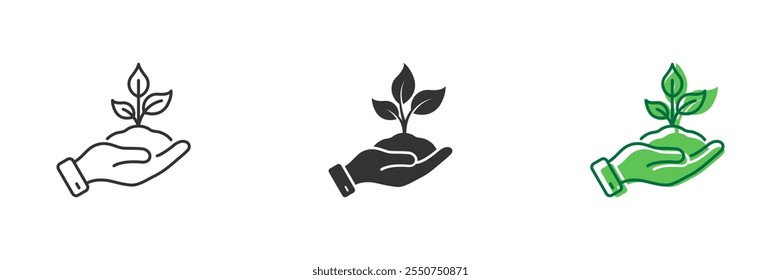 Hand Hold Organic Leaf in Soil Line and Silhouette Icon Set. Plant Growing in Hand Icon Representing Nature Protection and Care. Editable Stroke. Isolated Vector Illustration.