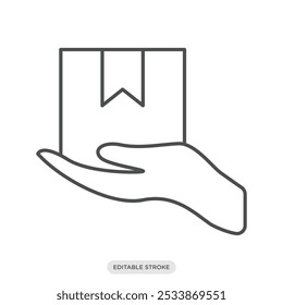 Ícone de pacote de mão, símbolo de entrega de logística de envio no fundo branco - ilustração vetorial