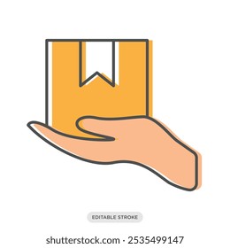 Hand hold package icon, shipping logistics delivery color symbol on white background - vector illustration
