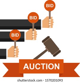 Hand hold paddle with BID. Auction meeting. Hand holding auction paddle. Bidding concept. Vector.