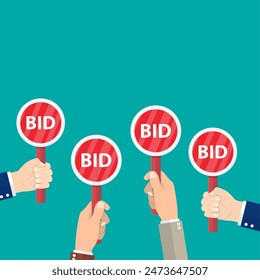 Hand hold paddle with BID. Auction meeting. Business bidding process concept.Template for open trade. Many offers good prices.