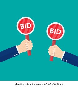 Hand hold paddle with BID. Auction meeting. Business bidding process concept.Template for open trade. Many offers good prices.