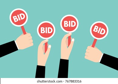 Hand hold paddle with BID. Bidding, Auction concept. Vector illustration.