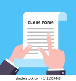 Hand hold page of paper with claim form to fill out and pointer finger check the text on it flat style design isolated on light blue background vector illustration.