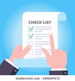 Hand hold page of paper  and pointer finger check the text with checklist claim form to fill out, text, check marks tick v flat style design vector illustration isolated on light blue background.