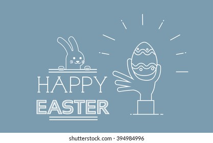 Conejo de Huevos Pintados Happy Easter Holiday Tarjeta de felicitación de verano de línea delgada Ilustración de vectores