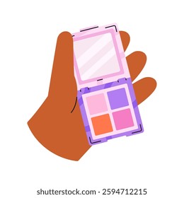 Hand hold Palette of eye shadow. Cartoon color design. Flat vector illustration isolated on white background.