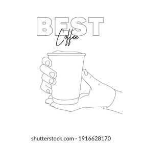 Hand hold paper cup with coffee best drink linear design vector white black