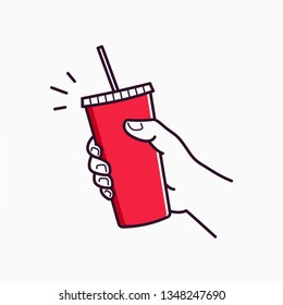 Hand hold paper cup. Male hand holding a red paper cup with straw on white background