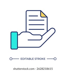 Hand hold paper line color icon. Offering legal agreement to customer. Making business deal. Document signing. Isolated vector illustration. Flat colorful symbol design. Editable stroke