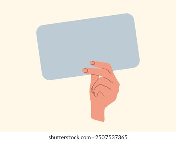 Mano sostener la hoja de papel. Tarjeta en blanco en mano de mujer. Mostrando el fondo de promoción de información de mensajes de ideas con espacio de copia. Ilustración de diseño plano. Plantilla para la educación Negocios Redes sociales