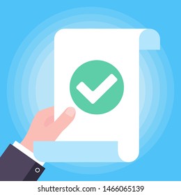 Hand hold paper sheet page with claim form, check mark tick, text icon sign vector illustration. Symbol of document confirmation, delivery, verification flat design concept isolated on blue background