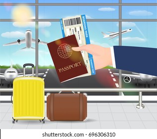 hand hold passport and boarding pass in airport