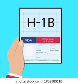 Hand hold passport with Visa H1B temporary work for workers illustration. H1b Visa USA page for the Class R. Vector 10 eps