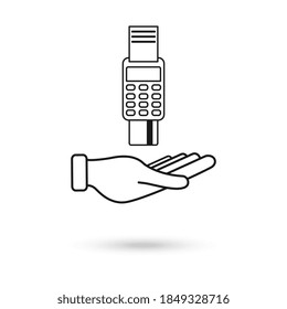 Hand hold payment machine and credit card. POS terminal confirms the payment by debit credit card, invoce. Vector illustration in flat design. NFC payments concept