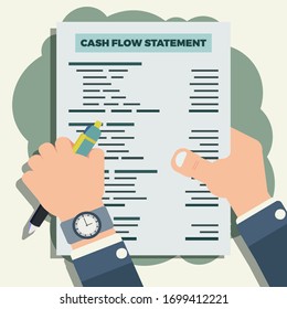 Hand hold pen and cash flow statement sheet vector illustration