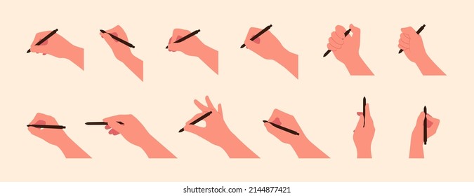 Hand hold pen in different gestures in flat style vector illustration isolated