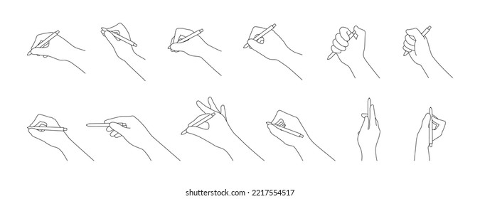 Hand hold pen in different gestures line style with editable stroke vector illustration isolated