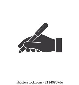 Hand hold pen icon. Hand writes symbol. Vector isolated black illustration.