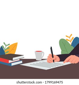 Hand hold pen and write on table. There is cup of coffee and books on table. Has meaning of write diary, journey and agenda. Business flat vector concept illustration.