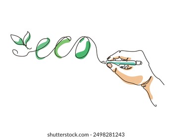 Hand hold the pen and writing the text ECO shows the concept of ECO vector illustration graphic EPS 10