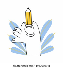 Hand hold pencil. Artist with writing supplies. Art training and creativity. Modern trendy outline cartoon illustration isolated on white