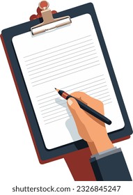 Hand hold pencil on a clipboard 
