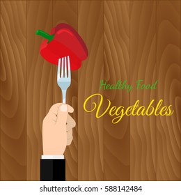 Hand hold a pepper on a fork. Healthy food concept. Veggie food, eat vitamins. Vector illustration flat design.