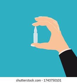 Hand hold pharmacy ampoule medicine. Template banner vector illustration isolated cartoon flat style