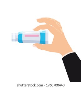 Mantienen mano botella de farmacia tubo de medicina plástica para crema, pasta, gel. Dibujo vectorial de caricatura aislada estilo plano