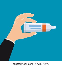 Hand hold pharmacy bottle plastic medicine tube for cream, pasta, gel. Template banner vector illustration isolated cartoon flat style
