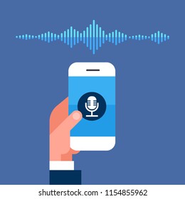 hand hold phone app intelligent voice personal assistant recognition sound waves technology concept smart ai speaker artificial intelligence speech flat vector illustration