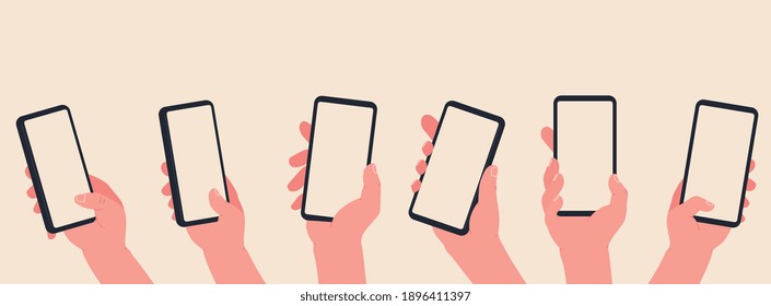 Hand hold a phone with blank screen. Hands interaction on  touchscreen device. Online learning and shopping concept.